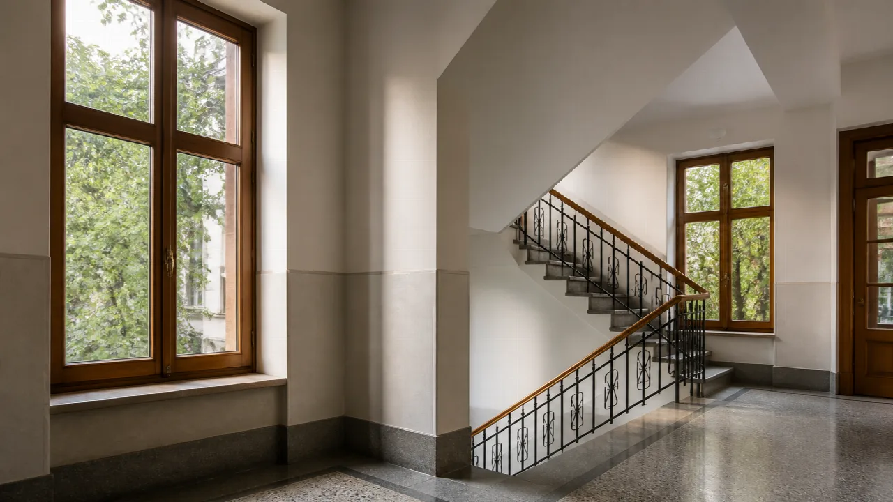 Čisté společné prostory bytového domu k tématu Okna ve společných prostorách jako pravidelný nebo sezónní úkol